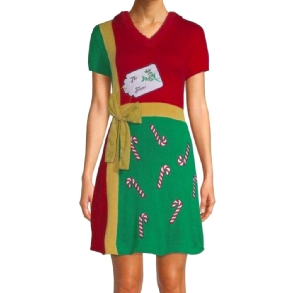 No Boundaries Ugly Christmas Sweater Dress Hooded Metallic Present Candy Cane